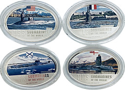 Набор 2 доллара 2010 Субмарины Подводные лодки СССР США Великобритании Франции Фиджи 4 монеты