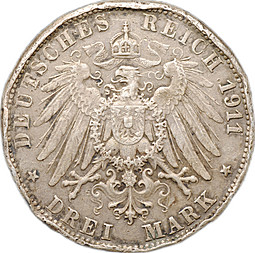 Монета 3 марки 1911 F Вюртемберг Германия