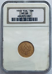 Монета 10 марок 1913 S Русская Финляндия слаб NGC MS 66