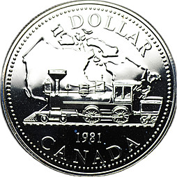 Монета 1 доллар 1981 100 лет Трансконтинентальной железной дороге BUNC Канада