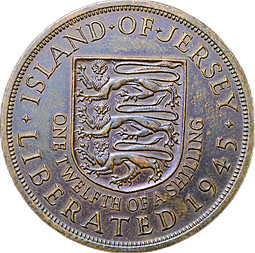 Монета 1/12 шиллинга 1945 Освобождение Король Георг VI Джерси