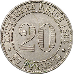 Монета 20 пфеннигов 1890 J Германия