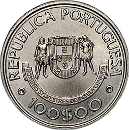 Монета 100 эскудо 1989 INCM Золотой век открытий - Открытие Канарских островов Португалия