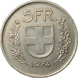 Монета 5 франков 1974 Швейцария