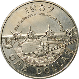 Монета 1 доллар 1987 50 лет коммерческой авиации Бермудские острова Бермуды