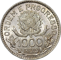 Монета 1000 рейс (реалов) 1913 A Без тире между звездами Бразилия