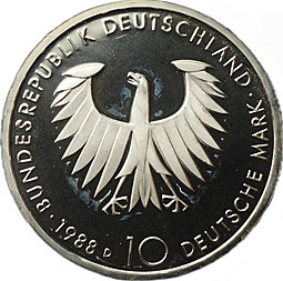 Монета 10 марок 1988 D 200 лет со дня рождения Артура Шопенгауэра Германия ФРГ