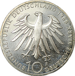 Монета 10 марок 1988 F 100 лет со дня смерти Карла Фридриха Цейса Германия ФРГ
