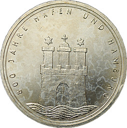 Монета 10 марок 1989 J 800 лет Гамбургскому порту Германия ФРГ
