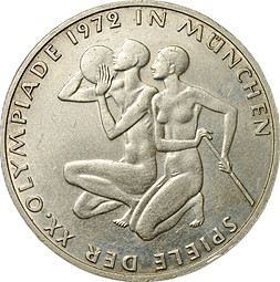 Монета 10 марок 1972 D Олимпиада Мюнхен Спортсмены Германия ФРГ