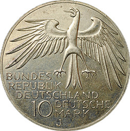 Монета 10 марок 1972 J Олимпиада Мюнхен Стадион Германия ФРГ