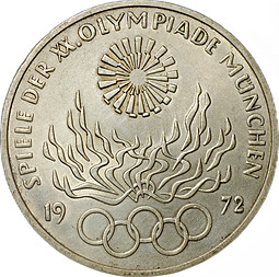 Монета 10 марок 1972 J Олимпиада Мюнхен Факел Германия ФРГ