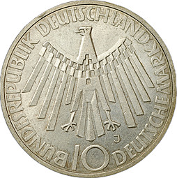 Монета 10 марок 1972 J Олимпиада Мюнхен Эмблема "In München" Германия ФРГ