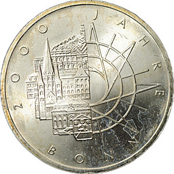 Монета 10 марок 1989 D 2000 лет городу Бонн Германия ФРГ