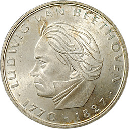 Монета 5 марок 1970 F 200 лет со дня рождения Людвига ван Бетховена Германия ФРГ