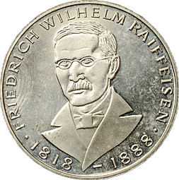 Монета 5 марок 1968 J 150 лет со дня рождения Фридриха Вильгельма Райффейсена Германия ФРГ