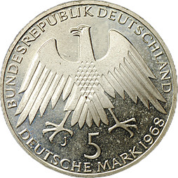 Монета 5 марок 1968 J 150 лет со дня рождения Фридриха Вильгельма Райффейсена Германия ФРГ