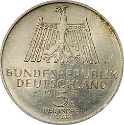 Монета 5 марок 1971 D 500 лет со дня рождения Альбрехта Дюрера Германия ФРГ