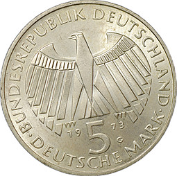 Монета 5 марок 1973 G 125 лет со дня открытия Национального Собрания Германия ФРГ