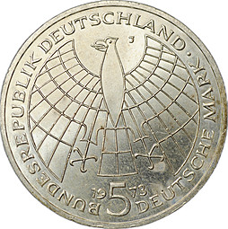 Монета 5 марок 1973 J 500 лет со дня рождения Николая Коперника Германия ФРГ