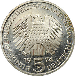 Монета 5 марок 1974 F 25 лет со дня принятия конституции Германия ФРГ