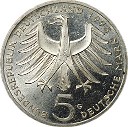Монета 5 марок 1975 G 100 лет со дня рождения Альберта Швейцера Германия ФРГ