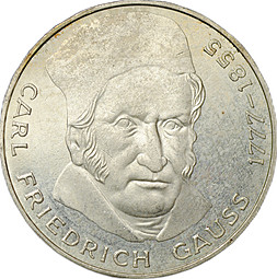 Монета 5 марок 1977 J 200 лет со дня рождения Карла Фридриха Гаусса Германия ФРГ