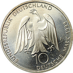 Монета 10 марок 1999 A 250 лет со дня рождения Иоганна Вольфганга фон Гете Германия