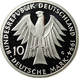 Монета 10 марок 1994 G 250 лет со дня рождения Иоганна Готфрида Гердера Германия