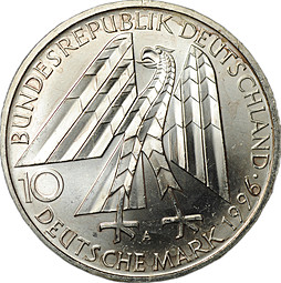 Монета 10 марок 1996 A 150 лет первой католической ассоциации ремесленников А. Колпинга Германия