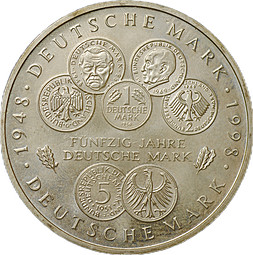 Монета 10 марок 1998 A 50 лет Немецкой марке Германия
