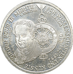 Монета 10 марок 1992 D 150 лет ордену Pour-le-Merite за заслуги в науке и искусстве Германия