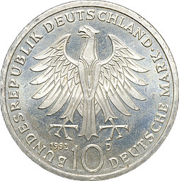 Монета 10 марок 1992 D 150 лет ордену Pour-le-Merite за заслуги в науке и искусстве Германия
