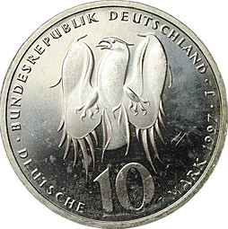 Монета 10 марок 1997 J 500 лет со дня рождения Филиппа Меланхтона Германия