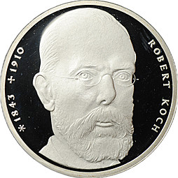 Монета 10 марок 1993 J 150 лет со дня рождения Роберта Коха PROOF Германия
