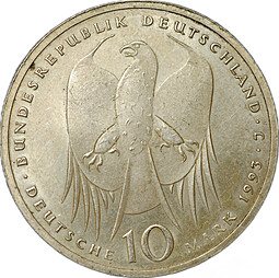 Монета 10 марок 1993 J 150 лет со дня рождения Роберта Коха Германия