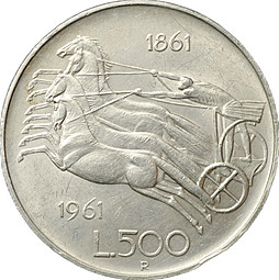 Монета 500 лир 1961 R 100 лет со дня объединения Италии Италия