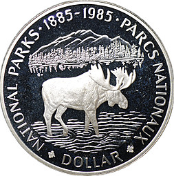 Монета 1 доллар 1985 100 лет Национальным паркам Канада