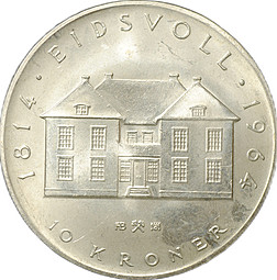 Монета 10 крон 1964 150 лет Конституции Норвегия