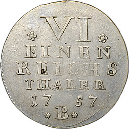 Монета 1/6 талера 1757 княжество Бранденбург-Байрейт Священная Римская Империя