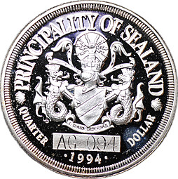 Монета 25 центов (1/4 доллара) 1994 серебро Силенд