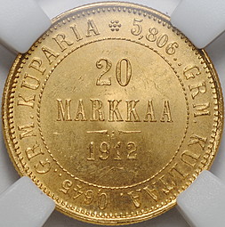 Монета 20 марок 1912 S Русская Финляндия слаб ННР MS 63