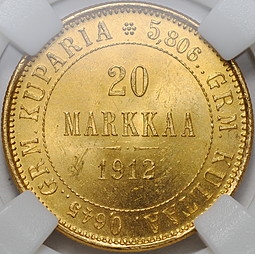 Монета 20 марок 1912 S Русская Финляндия слаб ННР MS 64