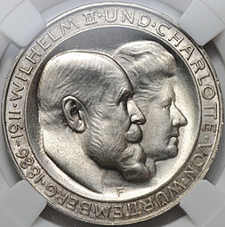 Монета 3 марки 1911 25 лет свадьбы Вильгельма и Шарлоты Вюртемберг Германия слаб ННР MS 65
