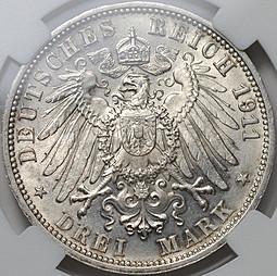 Монета 3 марки 1911 25 лет свадьбы Вильгельма и Шарлоты Вюртемберг Германия слаб ННР MS 65