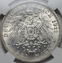 Монета 3 марки 1911 25 лет свадьбы Вильгельма и Шарлоты Вюртемберг Германия слаб ННР MS 66