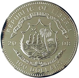 Монета 100 долларов 2008 Танки второй мировой войны - Т-34 Либерия