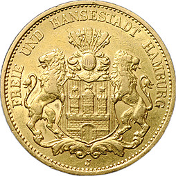 Монета 20 марок 1899 Гамбург Германия