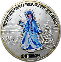 Монета 10 долларов 2008 Счастливого нового года и Рождества Снегурочка Науру
