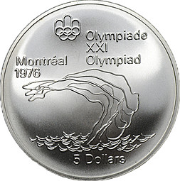 Монета 5 долларов 1975 XXI летние Олимпийские Игры, Монреаль 1976 - Прыжки в воду Канада
